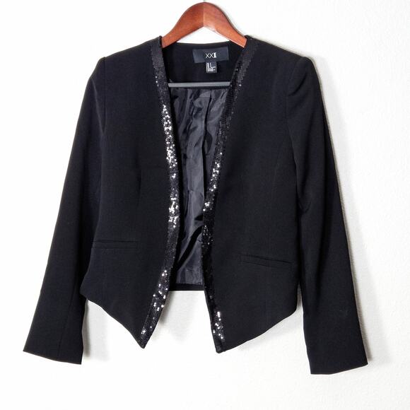 XXI Women’s Blazer Y2K Partycore Night Out Black Sequin Trim Cropped Jacket Sz S - Picture 1 of 12